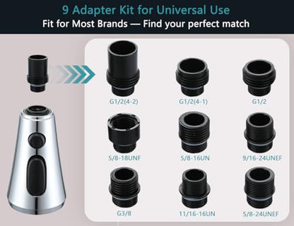 Chrome Pull Down Kitchen Faucet Head Replacement with 9 Adapters | 3-function spray, stream, spray & high-pressure rinse, 9 adapters, fits most faucets, removable aerator, no tools needed - color: Chrome Finish
