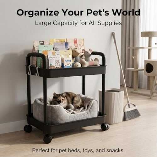 2-Tier Black Rolling Storage Cart with 4 Hanging Hooks - Slim Mobile Utility Cart Organizer, Compact Multi-Functional Narrow Rolling Shelf Rack on Wheels for Kitchen, Bathroom, Laundry Room, Office