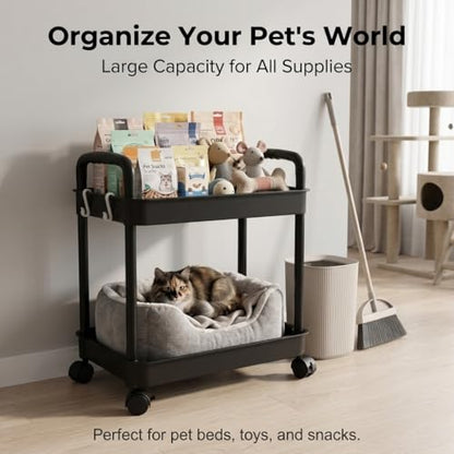 2-Tier Black Rolling Storage Cart with 4 Hanging Hooks - Slim Mobile Utility Cart Organizer, Compact Multi-Functional Narrow Rolling Shelf Rack on Wheels for Kitchen, Bathroom, Laundry Room, Office