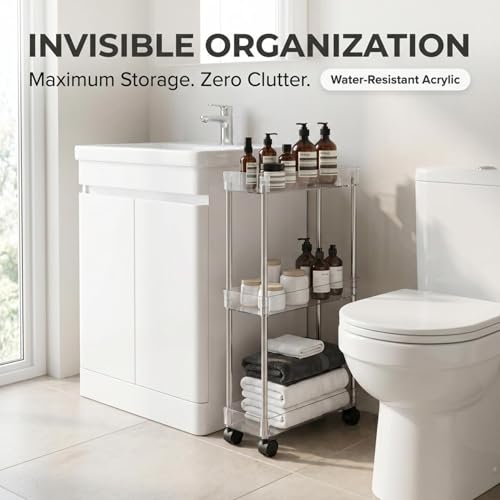 American Dream Home Chrome/Clear Acrylic Slim 3-Tier Rolling Cart Portable Narrow Storage Trolley with Wheels, Transparent Shelves for Bathroom, Kitchen, Office & Small Spaces - size: Medium