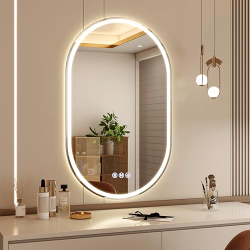 BEAUTYPEAK 36x24 LED Oval Bathroom Mirror with Lights, Backlit + Front Lit | Anti-Fog, Dimmable, Lighted Bathroom Vanity Mirror for Wall, 3 Colors, Memory Function, Tempered Glass, Shatter-Proof - color: White-oval, size: 36"L x 24"W
