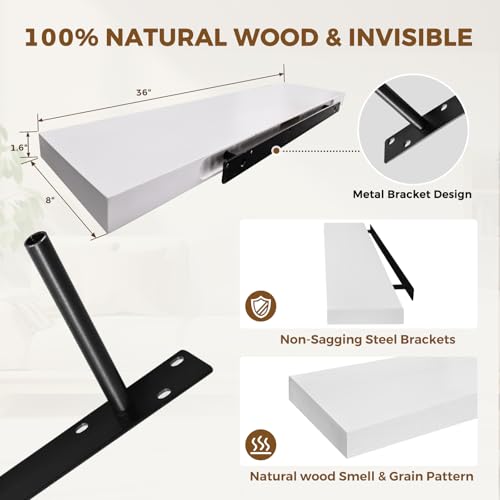 Solid Wood Floating Shelves, 36 Inch Wall Shelves, Set of 2, White | 8 Inch Deep, 1.6 Inch Thick, Extra-Wide Display Space, Mounting Hardware Included, For Kitchen, Bathroom and Living Room - color: White, size: 36x8x1.6
