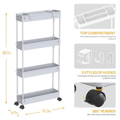 Slim Storage Cart 4 Tier,Bathroom Organizer Rolling Utility,Mobile Shelving Unit Slide Out for Office, Kitchen, Laundry Room & Narrow Places,Gray - color: Gray