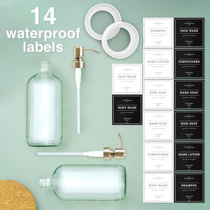 Vine Creations Clear Glass Soap Dispenser, 2 Pack Kitchen Soap Dispenser Set with Stainless Steel Pump, 16 oz Dish Soap and Hand Soap Dispensers for Bathroom with Waterproof Labels - color: Clear Bottle / Brushed Brass Pump