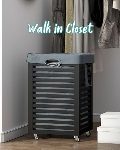 Black Laundry Hamper, Laundry Hamper with Wheels, 22.7 Gallon (86L) Bamboo Wood Clothes Laundry Basket with Handles, Removable Liner - color: Black