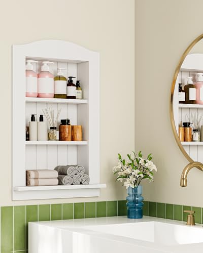Recessed Wall Niche, 3-Tier Recessed Medicine Cabinet, Bathroom Cabinet Wall Mount, Bamboo Medicine Organizer, Wall Storage Cabinet, for Bathroom, Living Room, Kitchen, White - size: 17.6"L x 2.1"W x 26.7"H