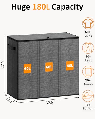 Optish 180L Laundry Hamper 3 Section, Large Laundry Hamper with Lid, Dirty Clothes Hampers with 3 Inner Bags, Laundry Basket Organizer for Laundry, Bedroom, Bathroom, Hamper 3 Compartment, Grey - color: Grey