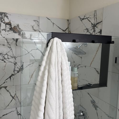 Hanging Shower Shelf with Hooks for Shower Glass Panels | 20"x16" Matte Black 304 Stainless Steel | Bathroom Caddy |No-Drill, No-Rust, Modern Design - color: Matte Black