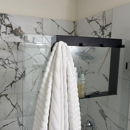 Hanging Shower Shelf with Hooks for Shower Glass Panels | 20"x16" Matte Black 304 Stainless Steel | Bathroom Caddy |No-Drill, No-Rust, Modern Design - color: Matte Black