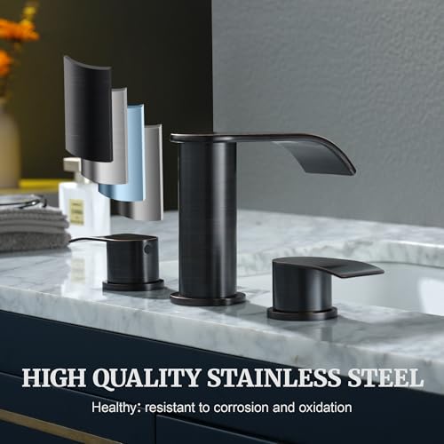 Ultimate Unicorn 8 inch Bathroom Faucet Oil Rubbed Bronze, Waterfall Bathroom Sink Faucet with Metal Pop-up Drain Stopper and 2 Supply Hoses,2 Handle Widespread Faucets for Vanity Sink 3 Holes | Bathroom Sink Faucet with Metal Pop-up Drain Stopper and 2 S