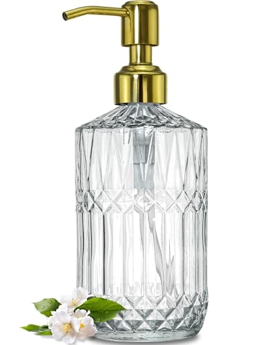 JASAI 18Oz Dazzling Clear Glass Soap Dispenser with Gold Pump for Bathroom | Refillable Kitchen soap Dispenser for Dish Soap, Bathroom Soap Dispenser for Hand Soap, Lotion, Liquid Soap. - color: Clear-golden Pump, style: Dazzle