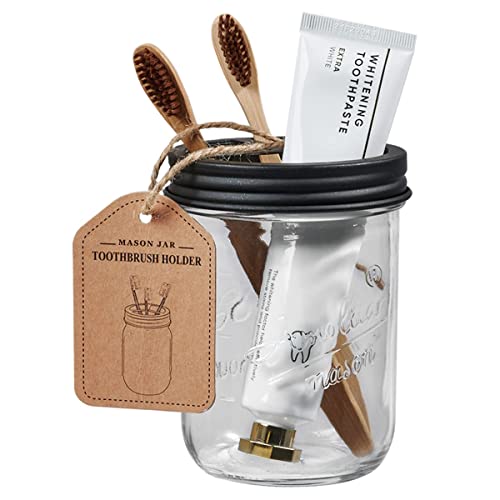 Amolliar Mason Jar Bathroom Accessories Set, 4Pcs Glass Bathroom Set, Black | Lotion Soap Dispenser, 2 Cotton Swab Holders, Toothbrush Holder, Farmhouse Rustic Bathroom Decor, Perfect Decorating Idea - size: Black, style: Standard-mouth