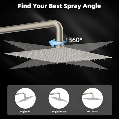 Hibbent All Metal 12 Inch Shower Head, High Pressure Stainless Steel Rain Showerheads, Ultra-thin Bathroom Rainfall Showerhead, Adjustable Brass Ball Joint, Silicone Nozzles, Brushed Nickel - color: Brushed Nickel, size: 12 Inch