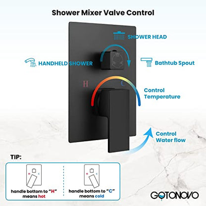 gotonovo Tub Shower Faucet Set with Valve Kit 8’’ Head,Matte Black | Shower System with Tub Spout,SUS304 Rain Head with Handheld Sprayer,Swivel Spout,All Metal,Rough-In Valve Trim Kit,Wall Mount - color: Black, size: 8’’ Head