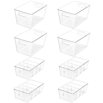 Vtopmart 8 Pack Clear Storage Bins Set for Pantry Organizer | 4 Large Pantry Bins with Handle and 4 Medium Snack Organizer Bins with 4-Compartment for Pantry, Kitchen, Fridge, Cabinet - size: Set D