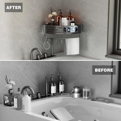 Voldra Corner Shower Caddy Suction Cup, 1 Pack Corner Shower Shelves No Drilling, Aluminum Upgrade Suction Cup Shower Organizer Corner with Towel Bar & Hooks Removable Bathroom Storage Rack(Gray) - style: Suction Cup Triangle-1 Pack
