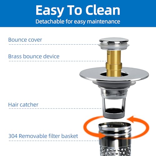 Bathroom Sink Drain Strainer, Pop-up Sink Drain Strainer with Removable Stainless Basket Hair Catcher, Bathroom Sink Stopper,1 Pack