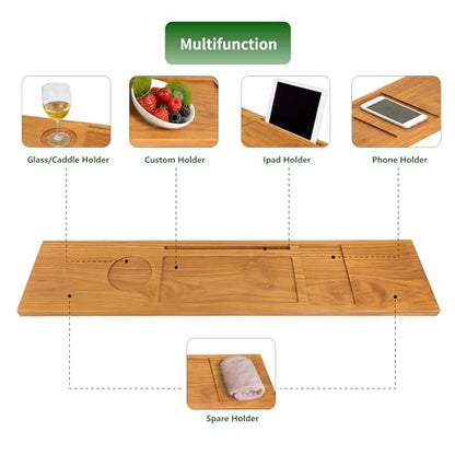 VaeFae Teak Wood Bathtub Tray Table with Wine and iPad Holder | Thoughtful design, Luxury experience, Smooth Surface, Multi-Slot Layout - size: 34.3" x 7.8" x 0.8"