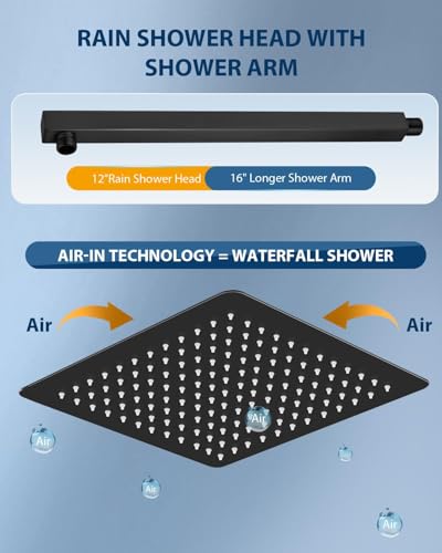 All Metal Matte Black Rainfall Shower Head with Extension Arm, 12" Large Rain Square Showerhead with 16" Long Shower Arm Stainless Steel, 144 Silicone Nozzles Waterfall Full Body Coverage - color: Matte Black