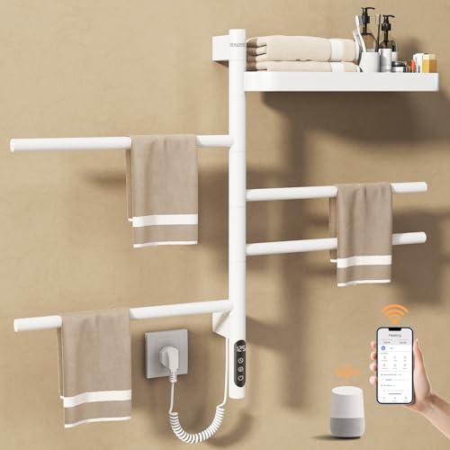 Smart Rotating Heated Towel Rack, 4-Bar, White | Wall-Mounted Electric Towel Warmer, Swivel Shelf, Wi-Fi App Control, 24H Timer, Stainless Steel - color: White 17.72"x26.77"
