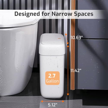 MOPALL Small Bathroom Trash Can with Lid, 2.6 Gallons / 10 L Slim Plastic Garbage Bin with Pop-Up Lid, Mini Waste Basket Can Dog Proof for Kitchen, Bedroom, Office, Laundry, Toilet, Rv, White - size: 2.6 Gallon