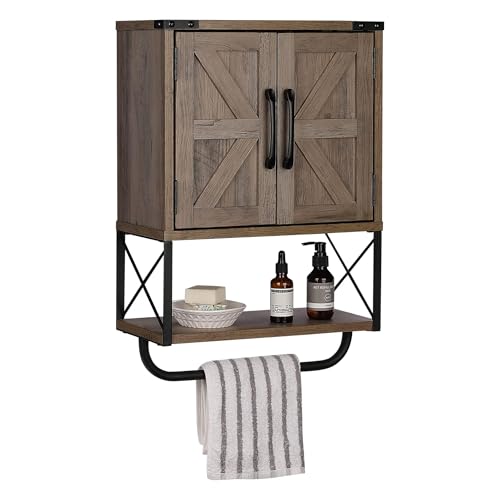 RUSTOWN Farmhouse Medicine Cabinet with 2 Barn Door, Bathroom Wall Cabinet | Rustic Wall Mounted Storage Cabinet with Adjustable Shelf & Towel Rack, 3-Tier Over the Toilet Storage Cabinets for Laundry - color: Washed Oak