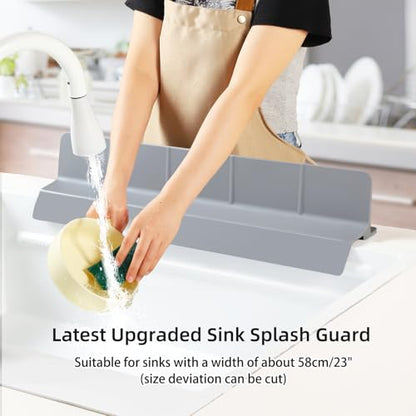 23" Ultra Silicone High Sink Splash Guard, Grey | Released in 2026, Self-Draining Water Splash Guard, for Kitchen Sink&Bathroom&Island, 3.5" Splash Guard, 7 Strong Suction Cup - color: Gray