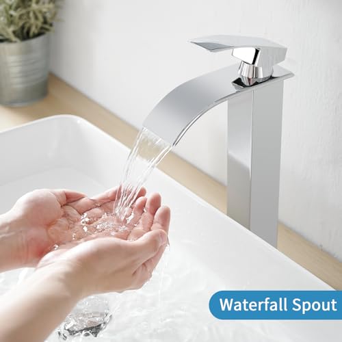 RUMOSE Tall Bathroom Faucet Vessel Sink Faucet with Drain, Polished Chrome | Modern Single Handle One Hole Bathroom Faucet Waterfall Rv Lavatory Vanity Faucet Mixer Tap, Pop Up Drain, Stainless Steel - color: Polished Chrome