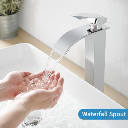 RUMOSE Tall Bathroom Faucet Vessel Sink Faucet with Drain, Polished Chrome | Modern Single Handle One Hole Bathroom Faucet Waterfall Rv Lavatory Vanity Faucet Mixer Tap, Pop Up Drain, Stainless Steel - color: Polished Chrome