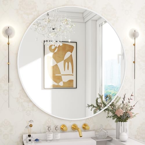 BEAUTYPEAK 30 Inch Round Mirror, Metal Frame Circle Mirror, White | Wall Mounted for Entryway, Bathroom, Vanity, Living Room - color: White, size: 30"L x 30"W