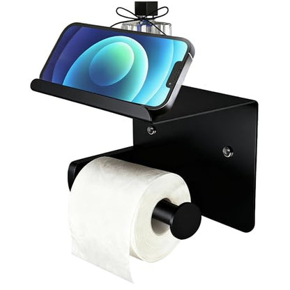 Matte Black Toilet Paper Holder with Shelf, SUS304 Stainless Steel Rustproof Wall Mount Toilet Paper Roll Holder, Screw Bathroom Toilet Paper Holder for Kitchen, Washroom, RV - color: Matte Black