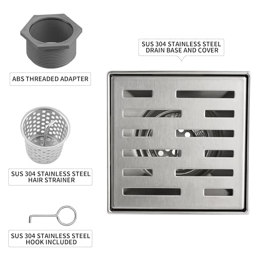 Square Shower Drain 4 inch, Brushed Nickel 304 Stainless Steel Floor Drain for Bathroom, Removable Tile Insert Grate Includes Hair Strainer - color: Brushed Nickel