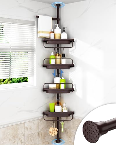 ALLZONE Corner Shower Caddy Tension Pole, Extendable Rustproof Stainless Steel Pole & 4-Tier Adjustable Shelves for Easy Drainage and Built-to-Last Stability, 34 to 116 Inches, Brown - color: Brown