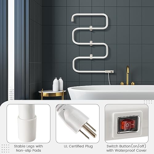 COSTWAY Heated Towel Warmer, Freestanding & Wall-Mounted 5-Bar Drying Rack with Built-in Switch, Overheat Protection & Constant Temperature Control, for Bathroom, Spa, White