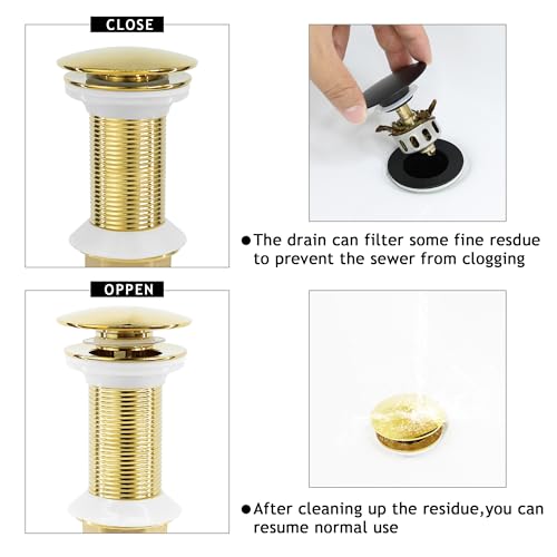 Bathroom Sink Drain, 2 Pack Gold Drain Stopper Without Overflow,Pop Up Drain Assembly Without Detachable Strainer Basket,Built-in Anti-Clogging Strainer,Stainless Steel - color: 2 Pack-gold-big Cap, style: Without Overflow
