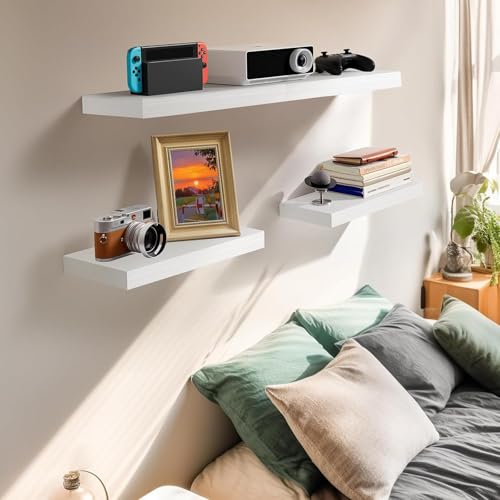 AMADA HOMEFURNISHING Floating Shelves Wall Mounted, 15 x 7 Inch Wall Shelves for Bathroom, Bedroom, Living Room, White Shelves Set of 2 - color: White, size: 15 inches