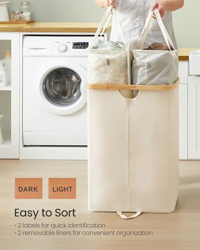 SONGMICS Laundry Hamper with Lids, Laundry Basket with 2 Compartments, 39 Gal. (150 L), Removable Liner Bag, for Laundry Room, Bedroom, Living Room, Cream White and Light Bamboo ULCB523W01 - color: Cream White, size: 150L (2-Section with Double Lid)