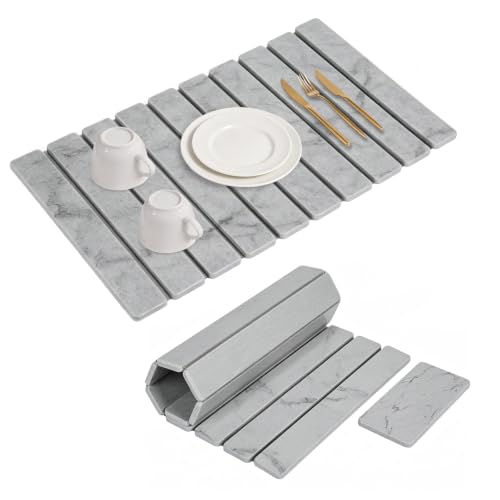 Large Stone Dish Drying Mat for Kitchen Counter, 24"×16" Foldable Quick Drying Mat, Absorbent Diatomaceous Earth Drying Mat for Bottles Cups Dishes, Match Any Countertop (Gray Marble, 24" x 16") - color: Gray Marble