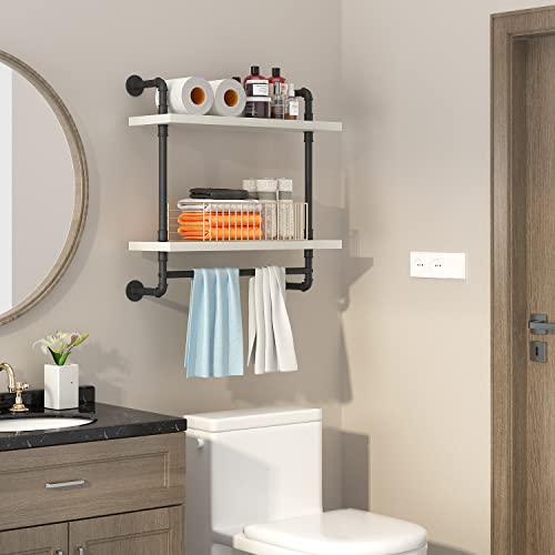 Helsin 24inch Industrial Pipe Shelving Bathroom Shelves Wall Mounted with Towel bar, 2 Tier Rustic Wood Floating Shelf, Metal Towel Rack Wall Shelf for Home & Bathroom (White, 24inch) - color: White, size: 24inch