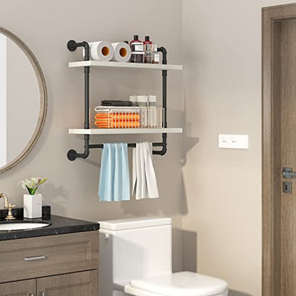 Helsin 24inch Industrial Pipe Shelving Bathroom Shelves Wall Mounted with Towel bar, 2 Tier Rustic Wood Floating Shelf, Metal Towel Rack Wall Shelf for Home & Bathroom (White, 24inch) - color: White, size: 24inch