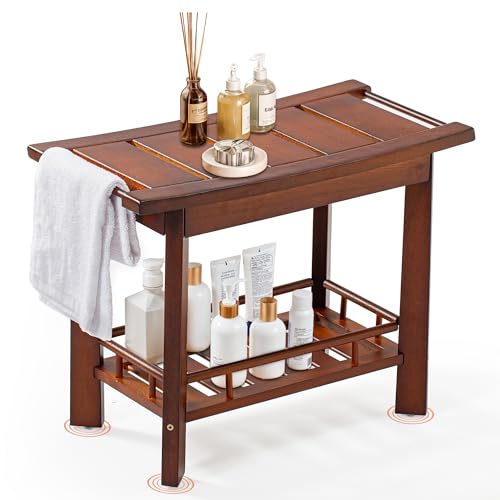 21" Teak Shower Bench for Inside – Luxury Spa-Style Comfort, FSC Certified Durable Teak Wood, Water-Resistant, Ergonomic Seat, Anti-Skid Stability and Enclosed Storage Shelf, 350 lbs Capacity