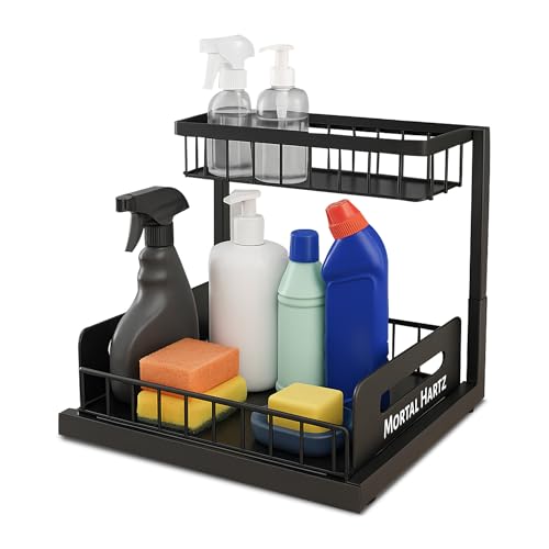 MORTALHARTS Under Sink Organizer – 1 Pack 2-Tier Sliding Storage Rack – Pull-Out Cabinet Organizer with Adjustable Metal Shelf, L-Shaped Design for Kitchen, Bathroom & Laundry Cabinets