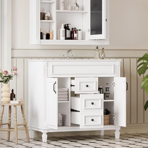 Merax 36" Bathroom Vanity with Sink, 2 Doors & 2 Drawers Storage Cabinet | Freestanding Single Bathroom Sink Vanity Cabinet Set with 36" Ceramic Sink (Sink Cabinet Only, White) - color: White, style: Sink Cabinet Only