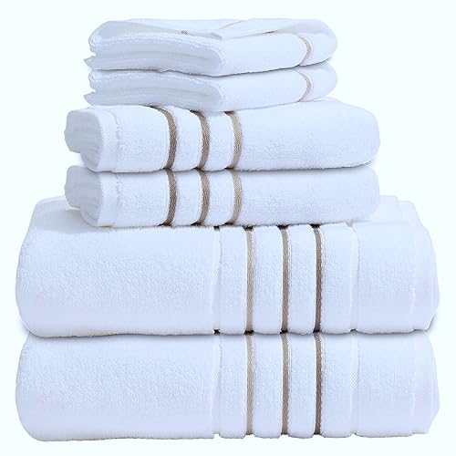 Bath Towels Set for Bathroom – Luxury 6-Piece Cotton Towels, Soft Absorbent & Quick Dry, 600 GSM Bath Towels for Bathroom, Hotel Spa Quality (White/Taupe, 6- Bath Towel Set) - color: White/Taupe