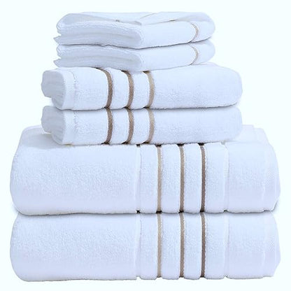 Bath Towels Set for Bathroom – Luxury 6-Piece Cotton Towels, Soft Absorbent & Quick Dry, 600 GSM Bath Towels for Bathroom, Hotel Spa Quality (White/Taupe, 6- Bath Towel Set) - color: White/Taupe