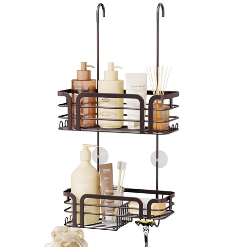 SWTYMIKI Shower Caddy Hanging Organizer - Over the Door Shower Caddy with Soap Holder, 11 Hooks, 2 Installation Ways, Stainless Steel Rustproof Bathroom Organizer, Bronze - color: Bronze