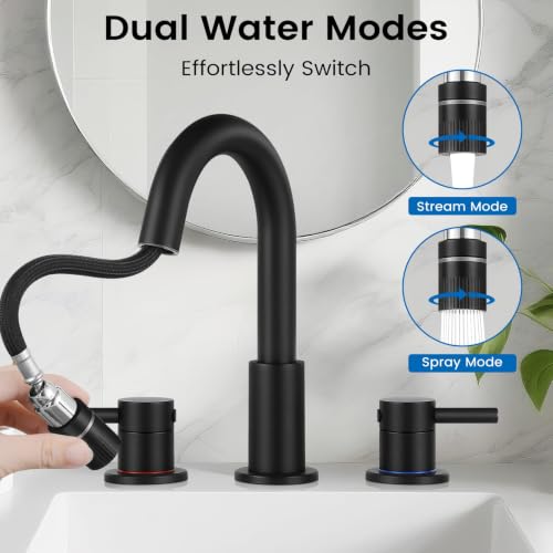 Pull-Down Bathroom Faucet 3 Hole 8 Inch with Pop-Up Drain Matte Black | 360° Swivel Spoutr & Dual Modes,8" Widespread 2-Handle, Pop-Up Drain & 10-Min Install for 3-Hole Bathroom Sink Faucets - color: Matte Black