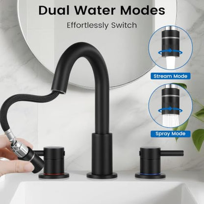 Pull-Down Bathroom Faucet 3 Hole 8 Inch with Pop-Up Drain Matte Black | 360° Swivel Spoutr & Dual Modes,8" Widespread 2-Handle, Pop-Up Drain & 10-Min Install for 3-Hole Bathroom Sink Faucets - color: Matte Black