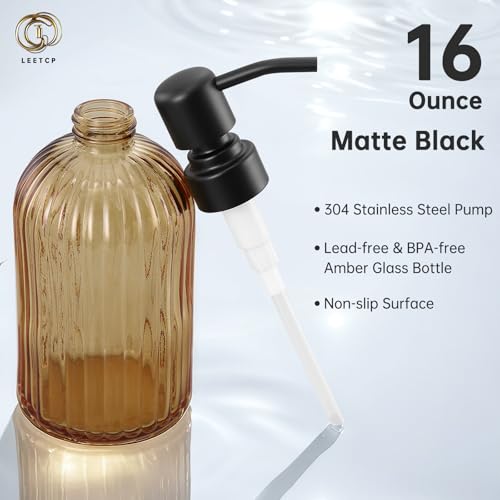 16 OZ Amber Glass Soap Dispenser, Amber Stripe Bathroom Hand Soap Dispensers with Stainless Steel Matte Black Pump,Brown Glass Kitchen Hand Soap Dispenser with Matte Black Pump - color: Matte Black +Amber, size: 1-Pack