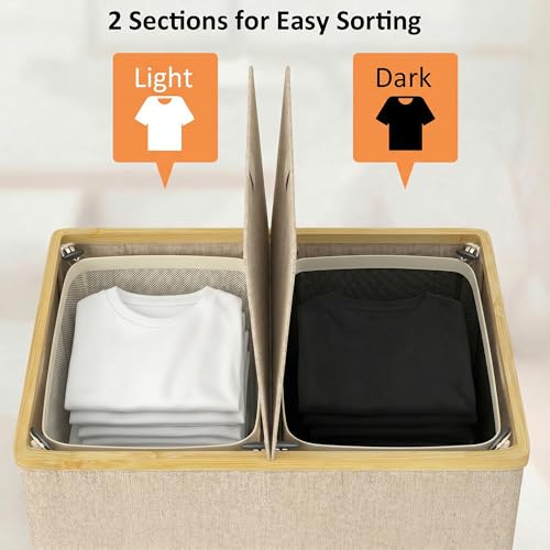 efluky Laundry Hamper with Lid, Double Laundry Basket with 2 Removable Bags, 2 Section Laundry Bin with Bamboo Handles for Bathroom, Bedroom & Laundry Room, 140L (36.9 Gallon) Oat - color: Oat, size: 140L Dual